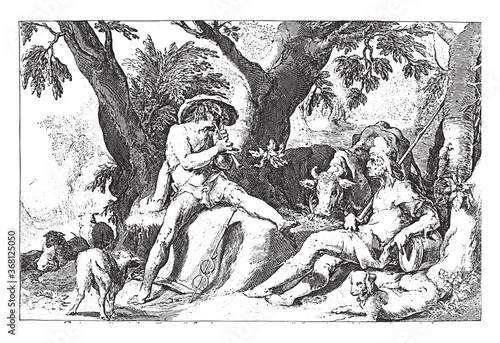 Mercury plays flute for Argus, vintage illustration.