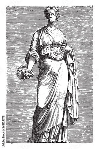 Sculpture of Thaleia, muse of comedy, anonymous, 1584, vintage illustration.