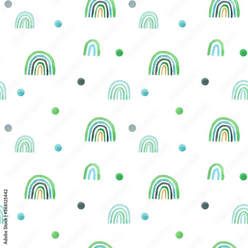 Watercolor nursery raindow seamless pattern. Scandinavian style hand painted rainbows background. Baby shower boy girl rainbow scrapbook paper. Kids fabric design illustration in trendy pastel colors. Watercolor nursery raindow seamless pattern. Scandinavian style hand painted rainbows background. Baby shower boy girl rainbow scrapbook paper. Kids fabric design illustration in trendy pastel colors.