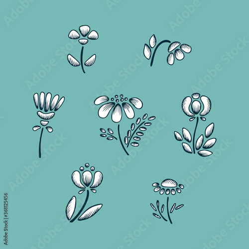 Wildflowers Vector Set. Hand drawn doodle Wild Flowers