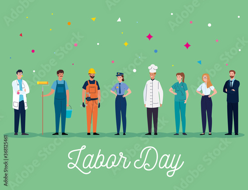 labor day poster with people group different occupation vector illustration design