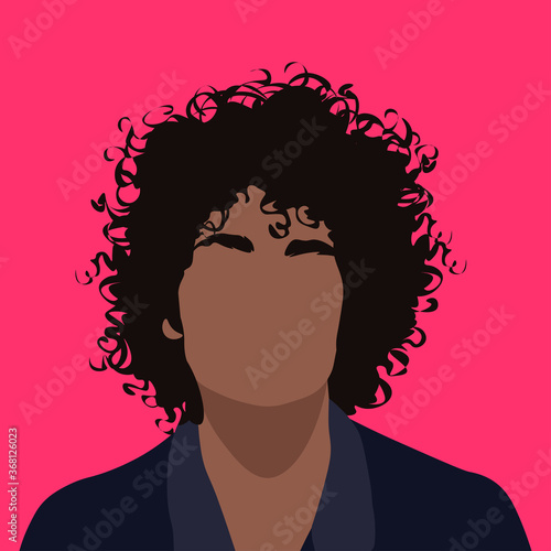 Front portrait of a man with curly hair. Faceless young dark haired guy. Avatar for social networks. Fashion and beauty. Bright vector illustration in flat style.
