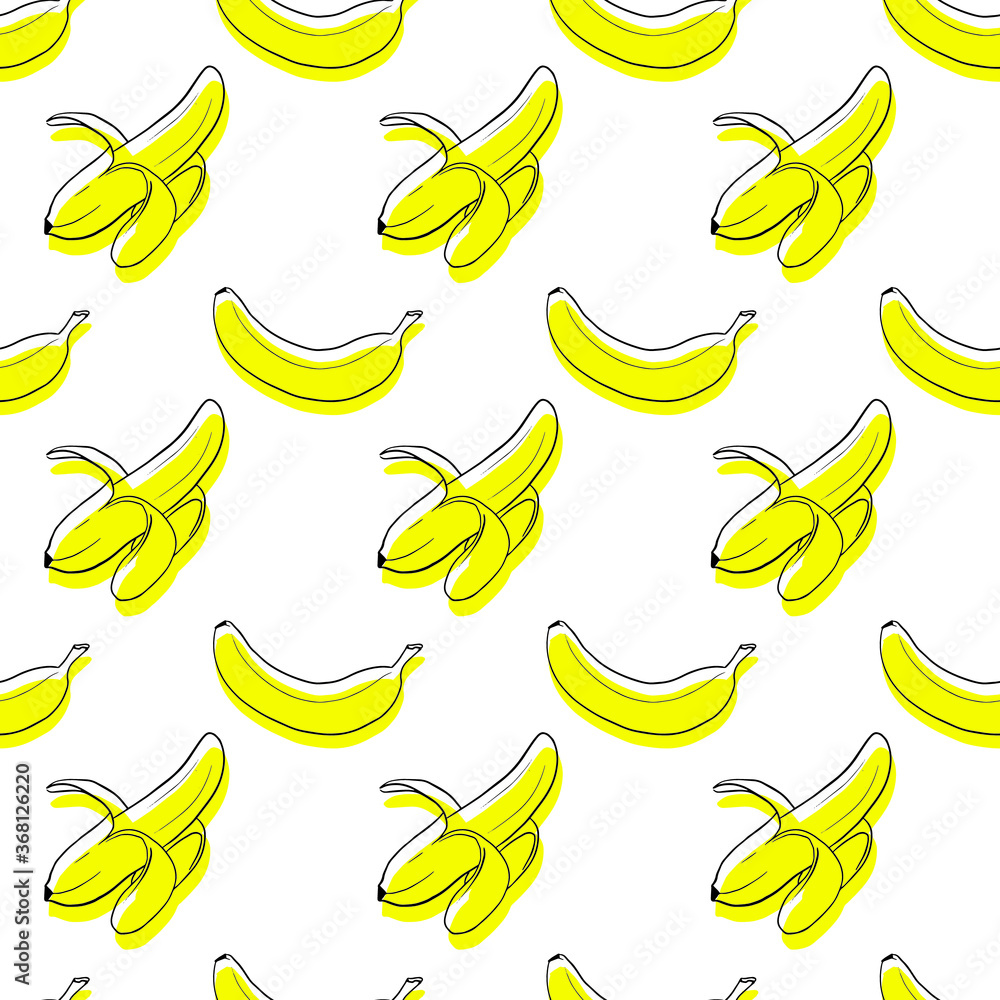 Seamless exotic plant vector pattern on white background. Hand drawn yellow banana fruits with black contour. Perfect for wallpaper or fabric. Seamless exotic plant vector pattern on white background. Hand drawn yellow banana fruits with black contour. Perfect for wallpaper or fabric.