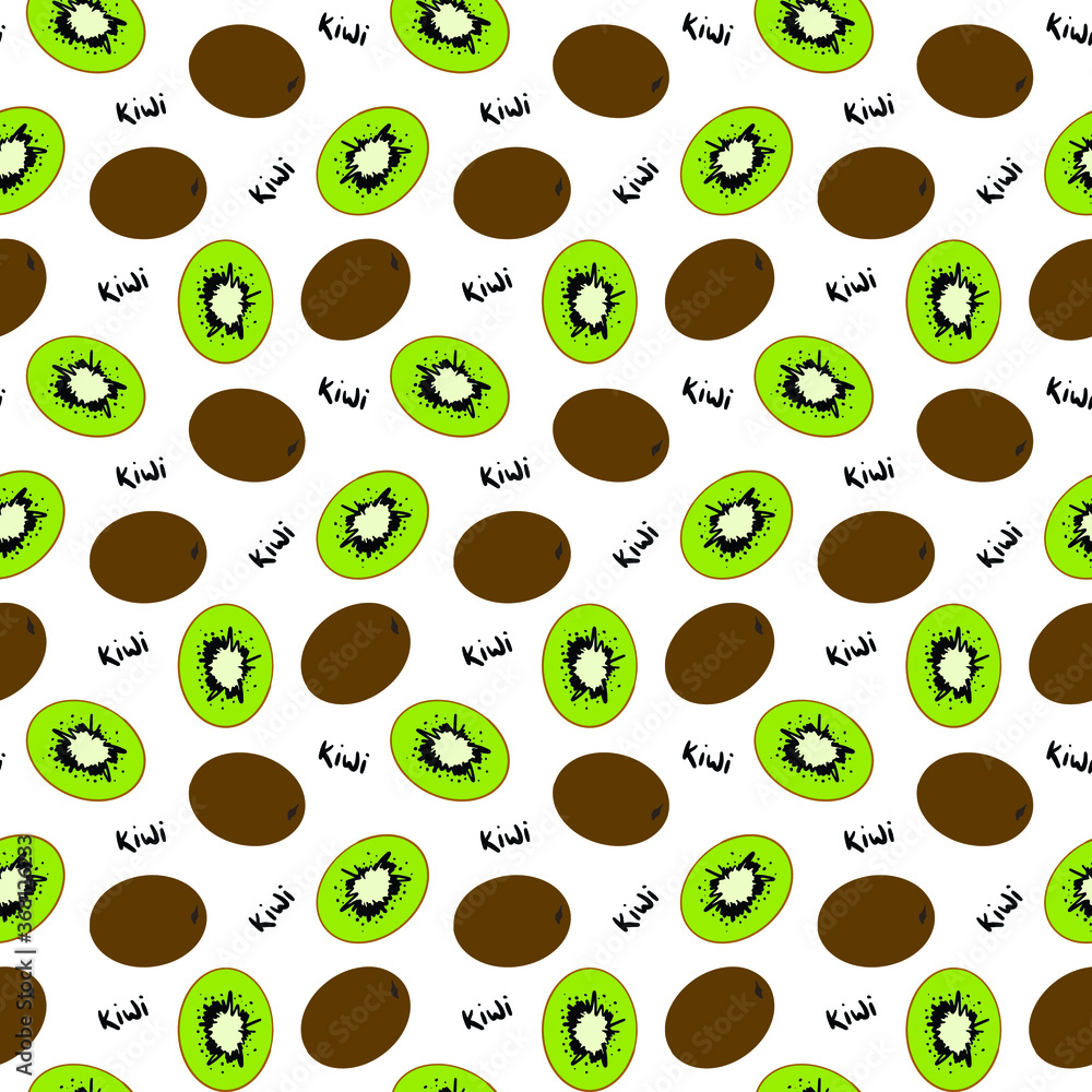 Seamless exotic plant vector pattern on white background. Hand drawn green kiwi fruit and black lettering. Perfect for wallpaper or fabric. Hand written phrase. Seamless exotic plant vector pattern on white background. Hand drawn green kiwi fruit and black lettering. Perfect for wallpaper or fabric. Hand written phrase.