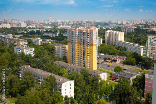 Kotlovka district is in Moscow Russia. Aerial view of the residential area. New high-rise buildings and Sevastopol prospect. 