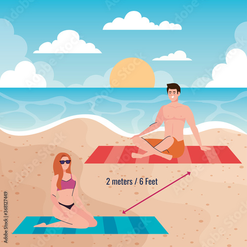 social distancing on the beach, couple keep distance two meters and six feet, new normal summer beach concept after coronavirus or covid 19 vector illustration design © Gstudio