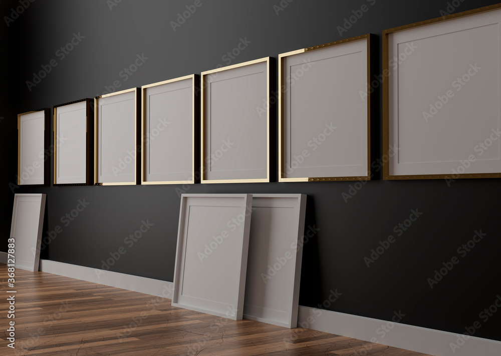 Six vertical white frame mockup, golden frame on black wall, 3d illustration Six vertical white frame mockup, golden frame on black wall, 3d illustration