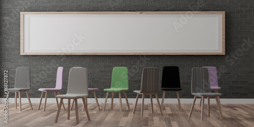 One vertical white frame mock up, wooden frame and chairs on grey wall, 3d illustration