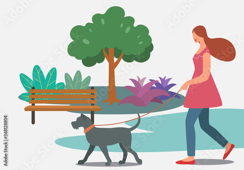 Woman walking with a dog in the park. Vector illustration design