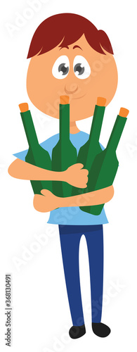 Boy holding wine bottles, illustration, vector on white background