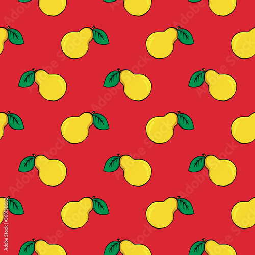 Yellow sweet pear ,seamless pattern on red background.
