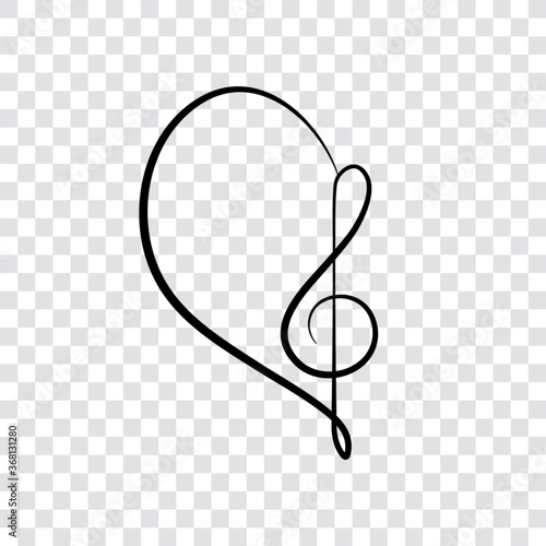 Music note, treble clef, half of the heart, vector illustration.