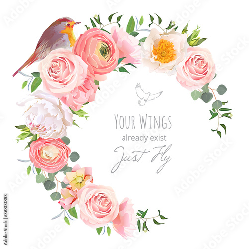 Cute floral vector round frame with ranunculus, peony, rose, green plants and small bird on white. Peachy, white and yellow flowers. Crescent shape bouquet