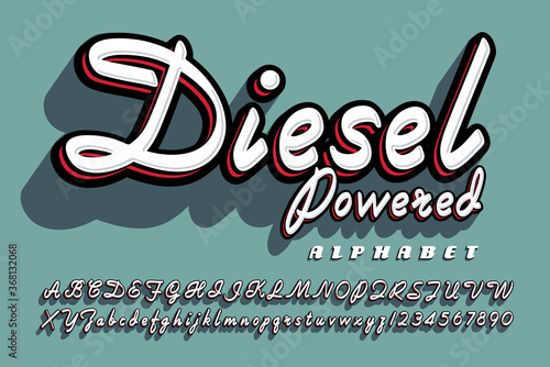 A Bold Cursive Script Alphabet with Drop Shadow Effects; Diesel Powered Font has a Fifties Flair.