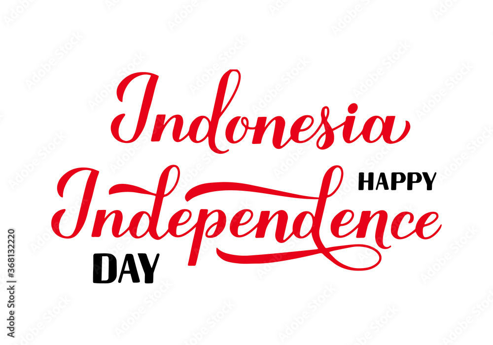 Happy Indonesia Independence Day calligraphy hand lettering isolated on white. National holiday celebrated on August 17. Vector template for typography poster, banner, greeting card, flyer, etc