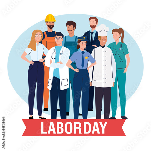 labor day poster with people group different occupation and ribbon decoration vector illustration design