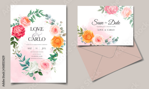 Floral wedding invitation template set with beautiful flower and leaves decoration	
