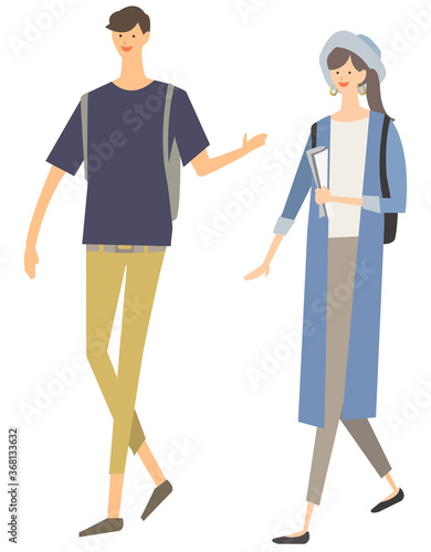 旅行中の夫婦のイラスト カジュアルなファッションのカップル