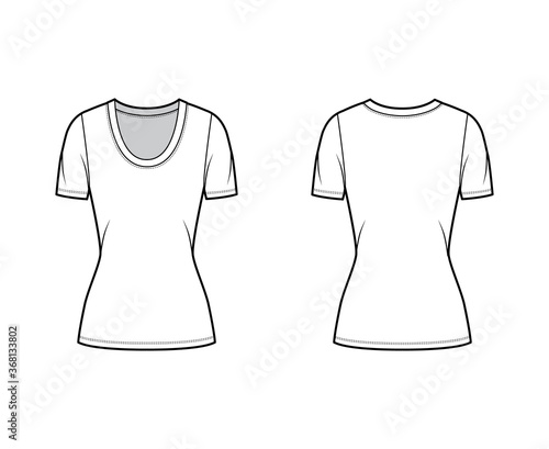 Scoop neck jersey t-shirt technical fashion illustration with short sleeves, close-fitting shape tunic length. Flat apparel template front, back white color. Women, men, unisex outfit top CAD mockup