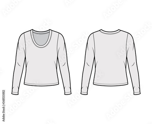 Wallpaper Mural Scoop neck jersey sweater technical fashion illustration with long sleeves, oversized body. Flat shirt apparel template front back grey color. Women men unisex outfit top CAD mockup Torontodigital.ca