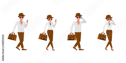 Spy secret agent character vector design. Presentation in various action.