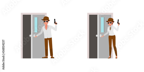 Spy secret agent character vector design. Presentation in various action.