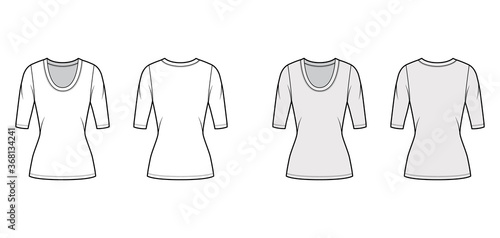 Scoop neck jersey shirt technical fashion illustration with elbow sleeves, close-fitting shape, tunic length. Flat sweater apparel template front back white grey color. Women men unisex top CAD mockup