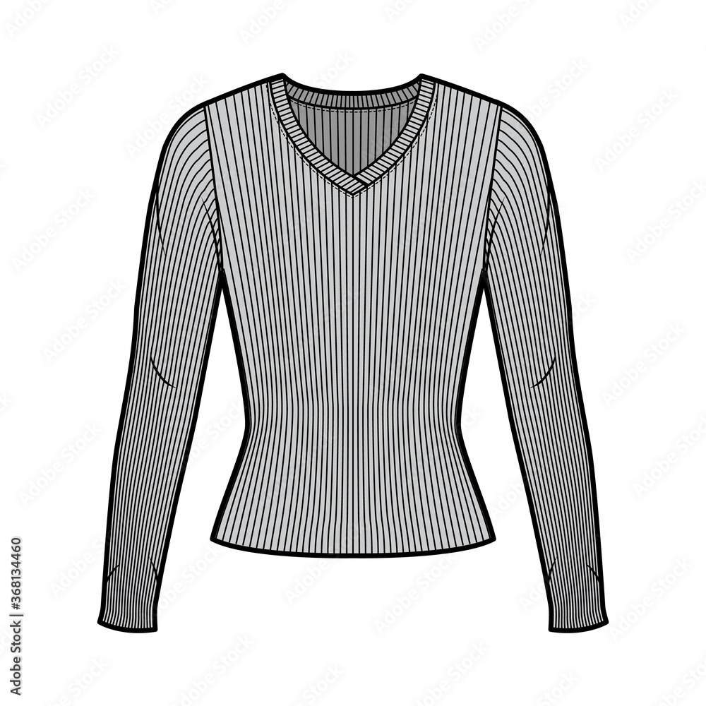 Ribbed V-neck knit sweater technical fashion illustration with long sleeves, close-fitting shape. Flat outwear apparel template front, grey color. Women men, unisex shirt top CAD mockup Ribbed V-neck knit sweater technical fashion illustration with long sleeves, close-fitting shape. Flat outwear apparel template front, grey color. Women men, unisex shirt top CAD mockup