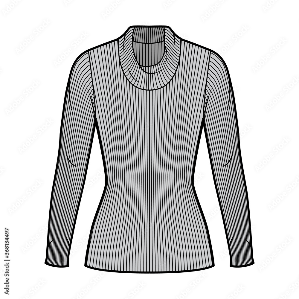 Ribbed cowl turtleneck knit sweater technical fashion illustration with long sleeves, close-fitting shape, tunic length. Flat sweater apparel template front grey color. Women men unisex shirt top Ribbed cowl turtleneck knit sweater technical fashion illustration with long sleeves, close-fitting shape, tunic length. Flat sweater apparel template front grey color. Women men unisex shirt top