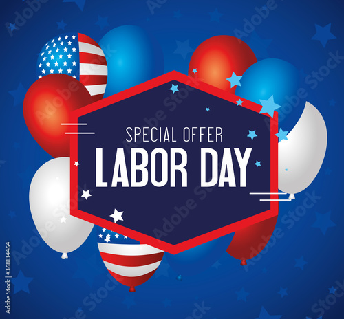 labor day sale promotion advertising banner, with balloons helium decoration vector illustration design