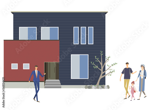 住宅展示場やモデルハウスのカットイラスト　見学する家族