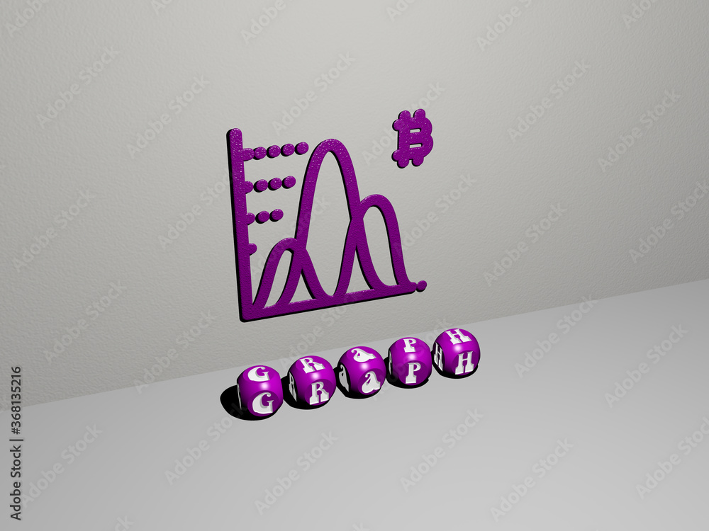 3D illustration of graph graphics and text made by metallic dice ...