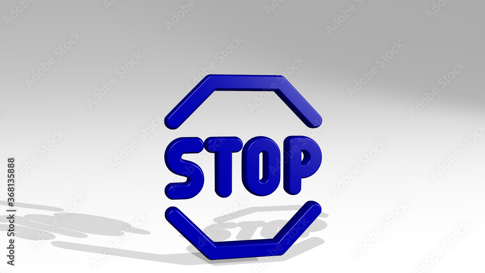 Obraz premium road sign stop from a perspective with the shadow. A thick sculpture made of metallic materials of 3D rendering. background and city