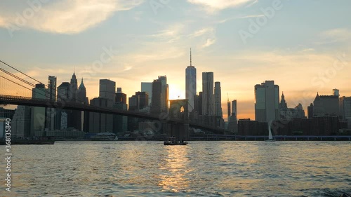 cityscape of lower manhattan NYC at sunset time