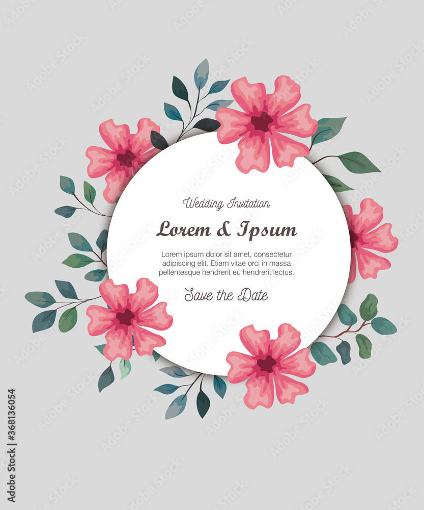 greeting card with flowers pink color, wedding invitation with flowers pink color with branches and leaves decoration vector illustration design