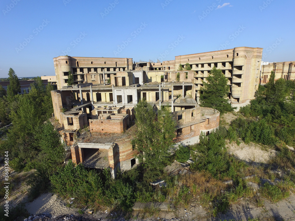 Obraz premium Abandoned construction site of Hospital. (aerial drone image)Abandoned at 1991,during Ukrainian undependence crisis. Kiev Region,Ukraine