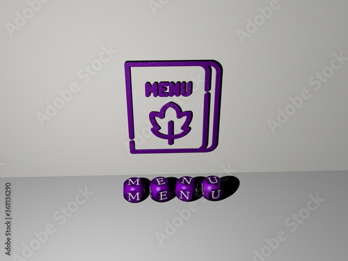 3D representation of menu with icon on the wall and text arranged by metallic cubic letters on a mirror floor for concept meaning and slideshow presentation. illustration and background
