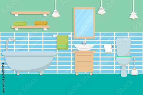 Bathroom interior with furniture in flat style stock Vector illustration. Bright, colorful composition with furniture, decorations. 