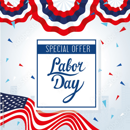 labor day sale promotion advertising banner, with flag united states vector illustration design