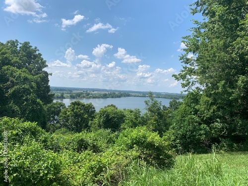 Lake seen amongst tress in a park under clear blue sky