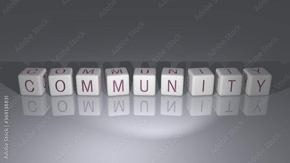 shiny COMMUNITY built by cubic letters from the top perspective, excellent for the concept presentation in 3D illustration. business and background shiny COMMUNITY built by cubic letters from the top perspective, excellent for the concept presentation in 3D illustration. business and background