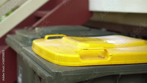 Wallpaper Mural Person puts tin cans in recycle bin with yellow lid, closeup Torontodigital.ca