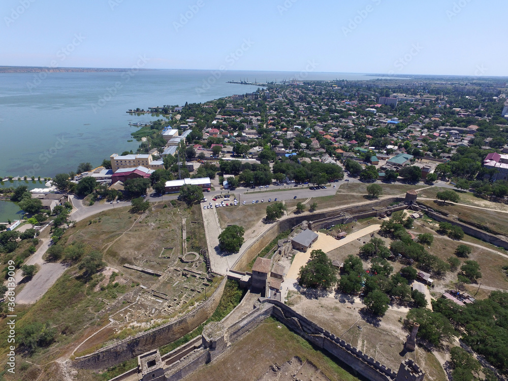View of the Akkerman fortress from the drone which is on the bank of the Dniester estuary, in Odessa region