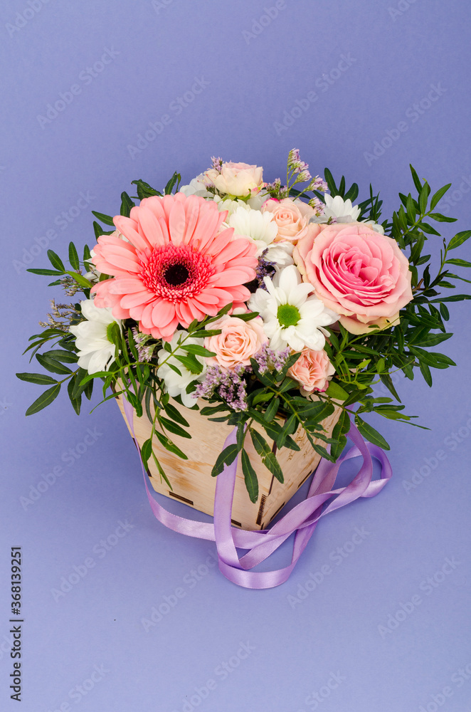 Flowers, bouquet in stylish wooden box. Studio Photo Flowers, bouquet in stylish wooden box. Studio Photo