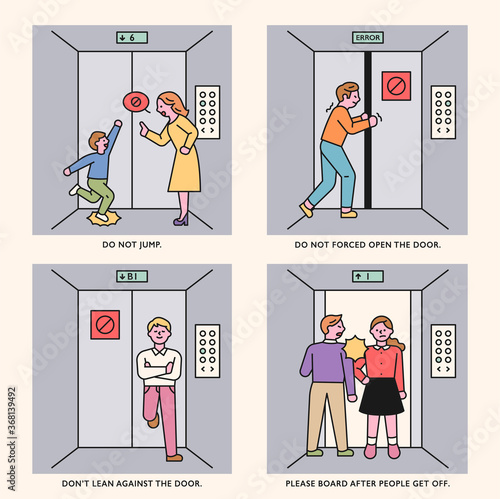 People who act rude in the elevator. flat design style minimal vector illustration.