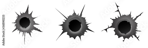 Bullet hole on white background. Set of realisic metal bullet hole, damage effect. Vector illustration.