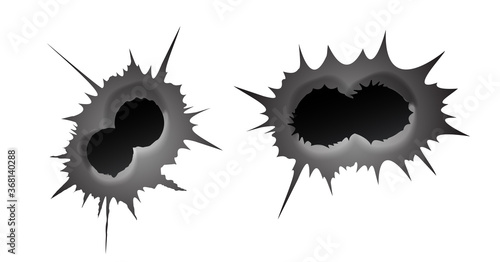Bullet double hole on white background. set of double realisic metal bullet hole, damage effect. Vector illustration.