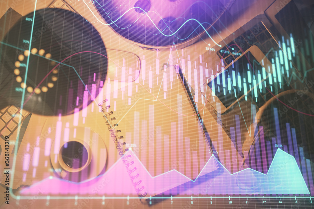 Fototapeta premium Multi exposure of forex chart drawing and work table top veiw. Concept of financial analysis.