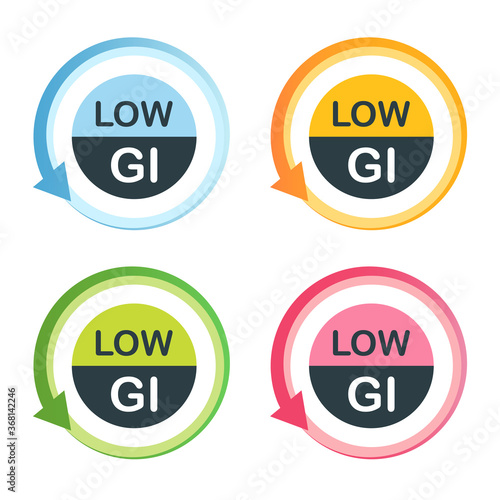 Round colorful low Glycemic Index (GI) Food labels.