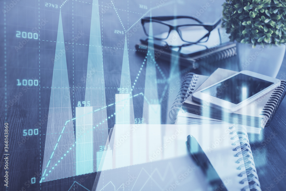 Double exposure of forex chart drawing and cell phone background. Concept of financial trading Double exposure of forex chart drawing and cell phone background. Concept of financial trading